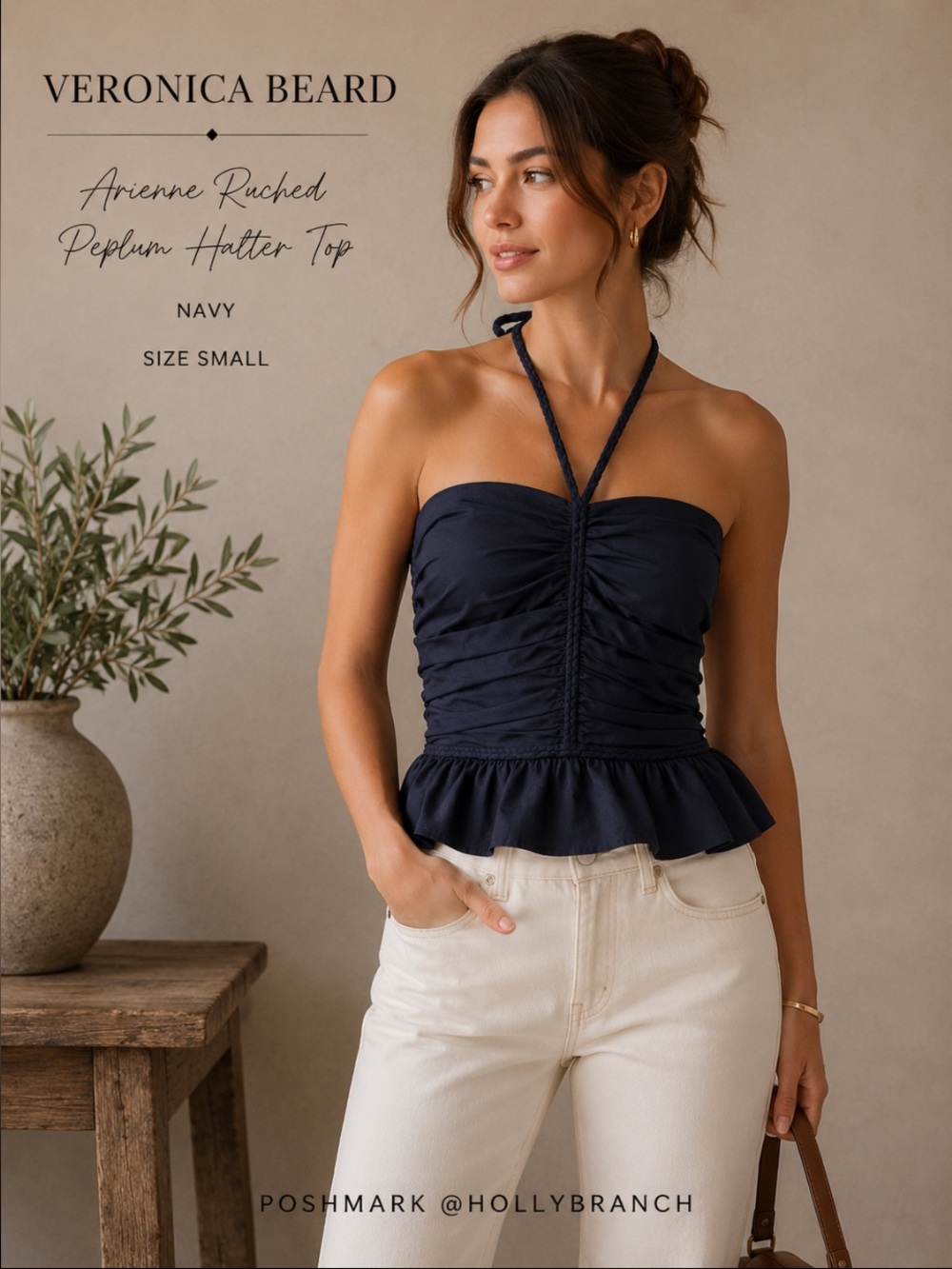Veronica Beard Arienne Ruched Peplum Halter Top-navy blue size 4